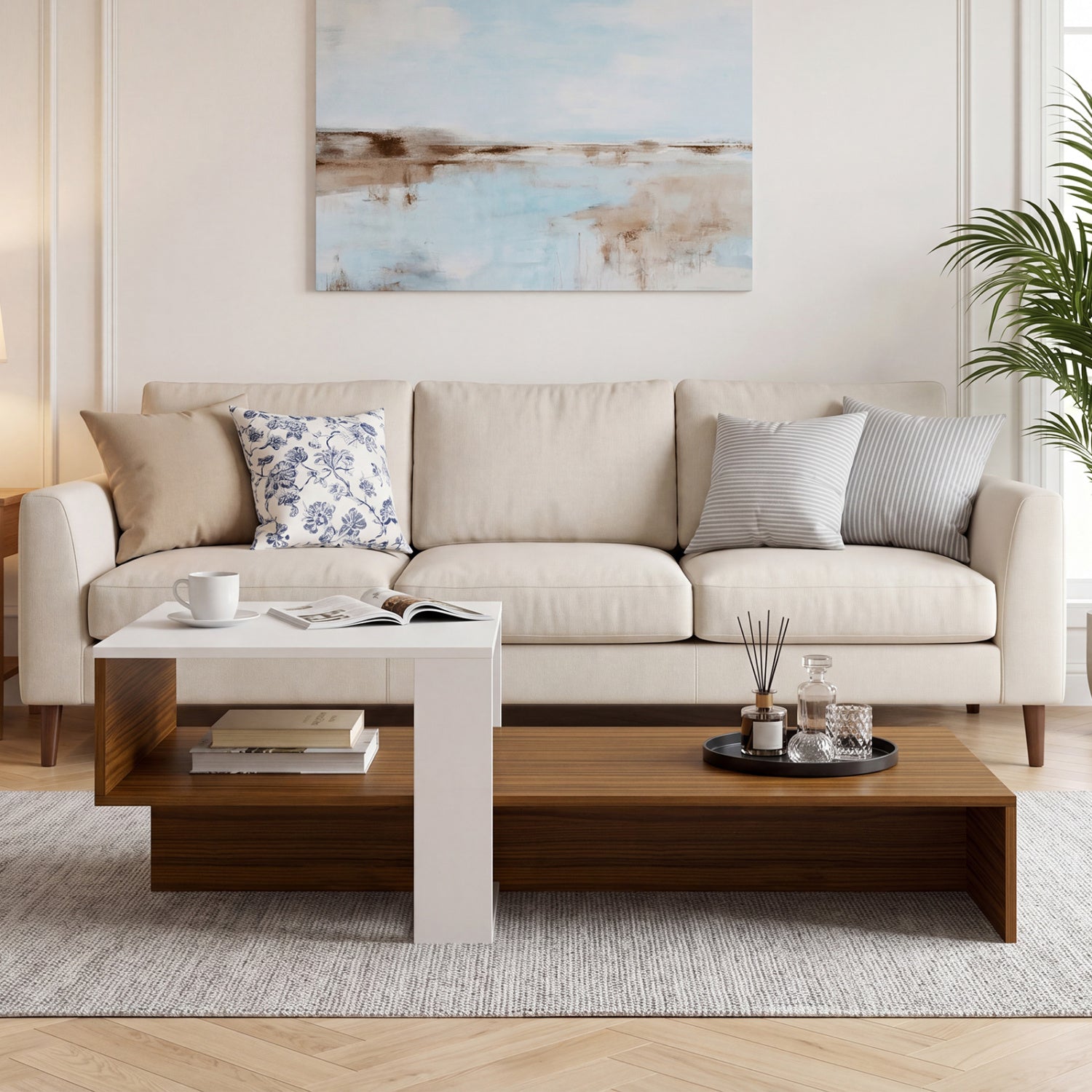 2-Tier Coffee Table Modern Irregular Center Table with Open Storage Shelf-White & Brown
