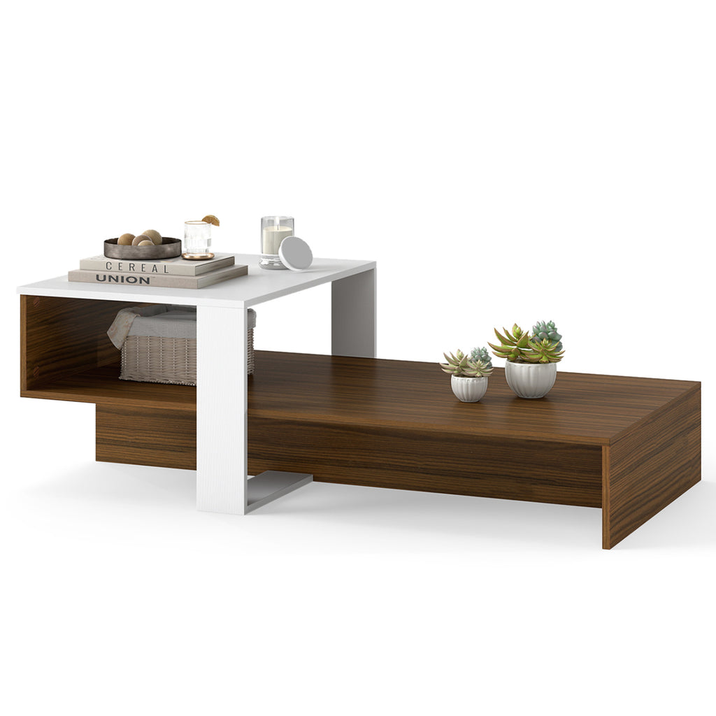 2-Tier Coffee Table Modern Irregular Center Table with Open Storage Shelf-White & Brown