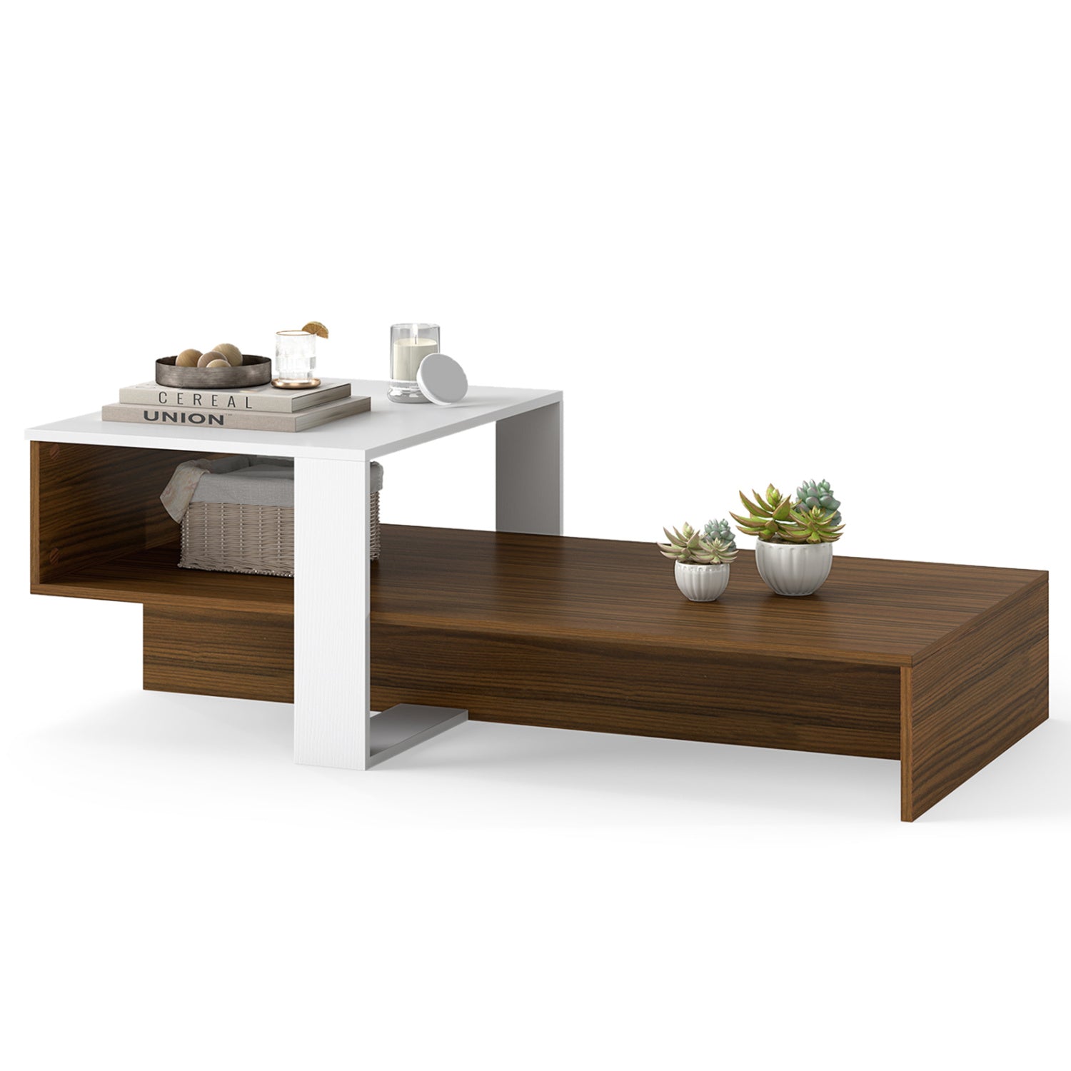2-Tier Coffee Table Modern Irregular Center Table with Open Storage Shelf-White & Brown