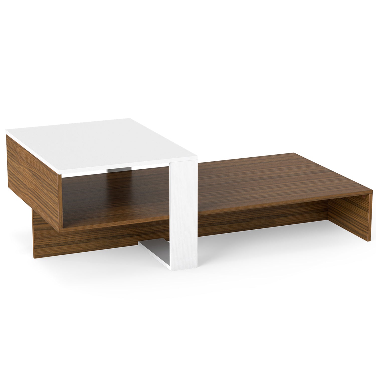 2-Tier Coffee Table Modern Irregular Center Table with Open Storage Shelf-White & Brown