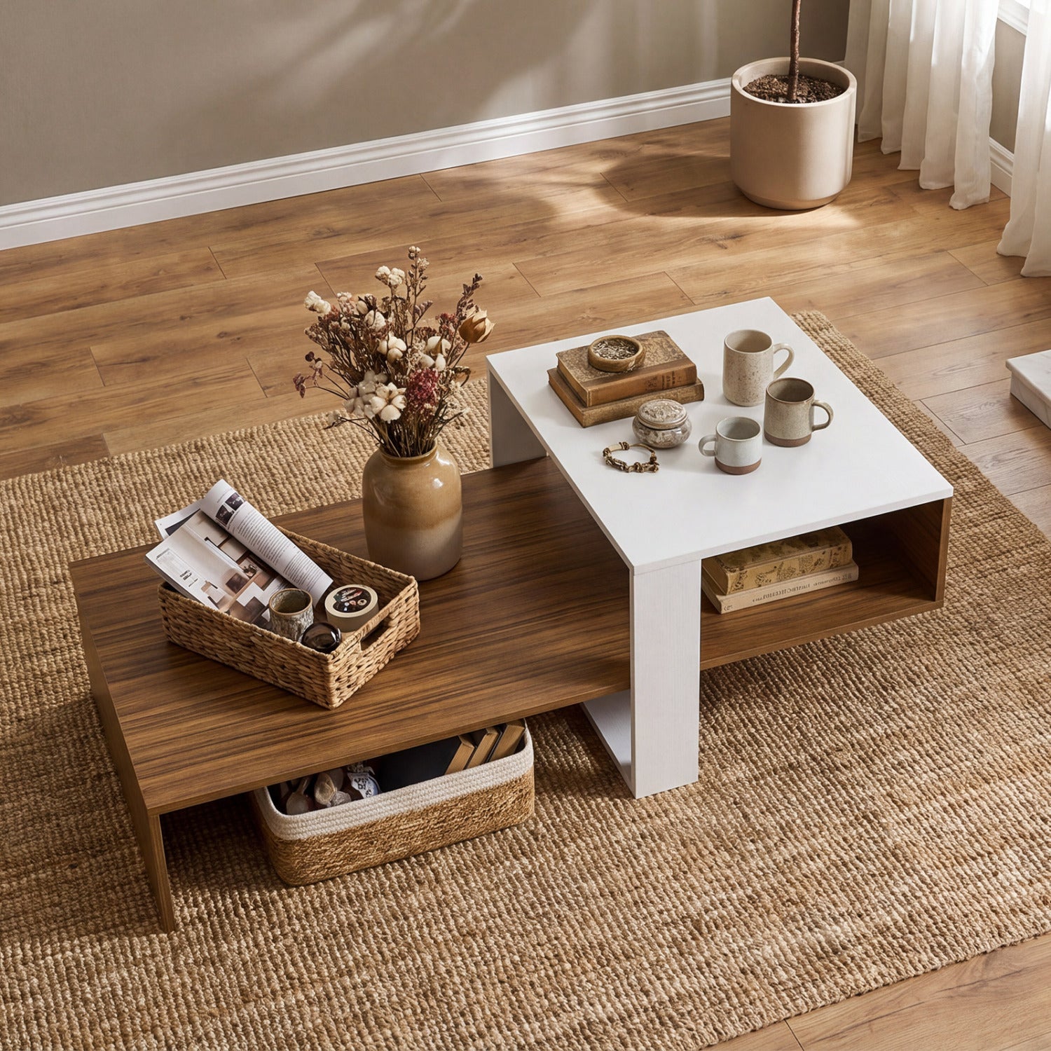 2-Tier Coffee Table Modern Irregular Center Table with Open Storage Shelf-White & Brown