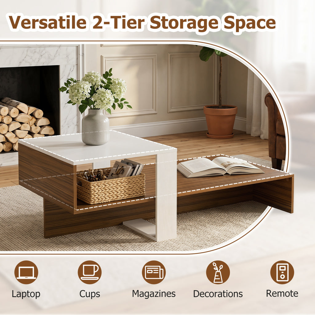 2-Tier Coffee Table Modern Irregular Center Table with Open Storage Shelf-White & Brown