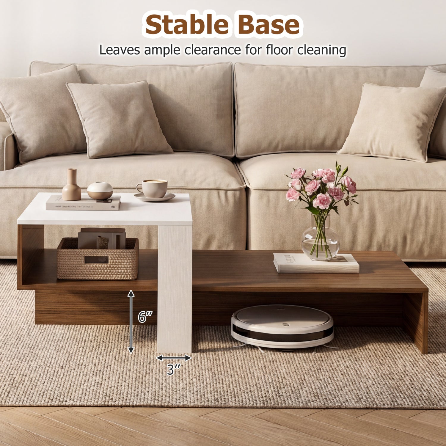 2-Tier Coffee Table Modern Irregular Center Table with Open Storage Shelf-White & Brown