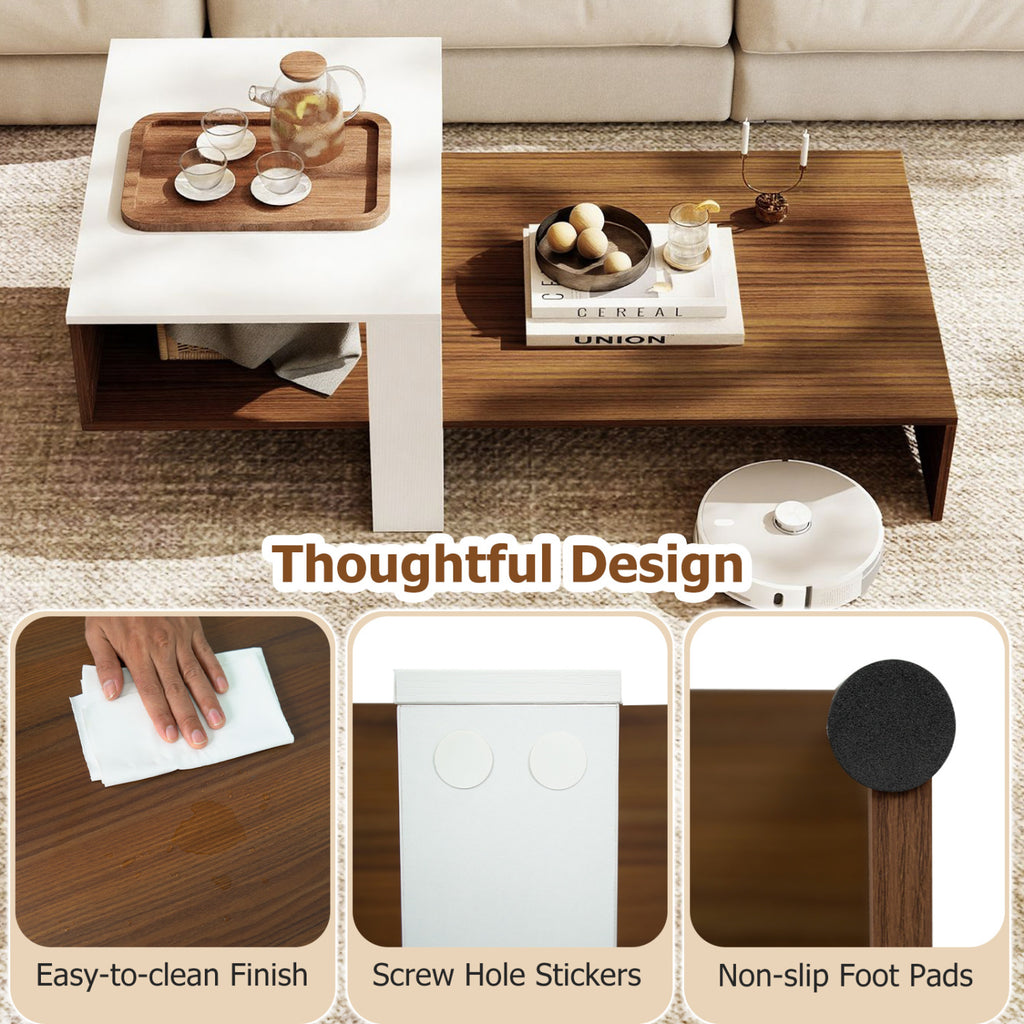 2-Tier Coffee Table Modern Irregular Center Table with Open Storage Shelf-White & Brown
