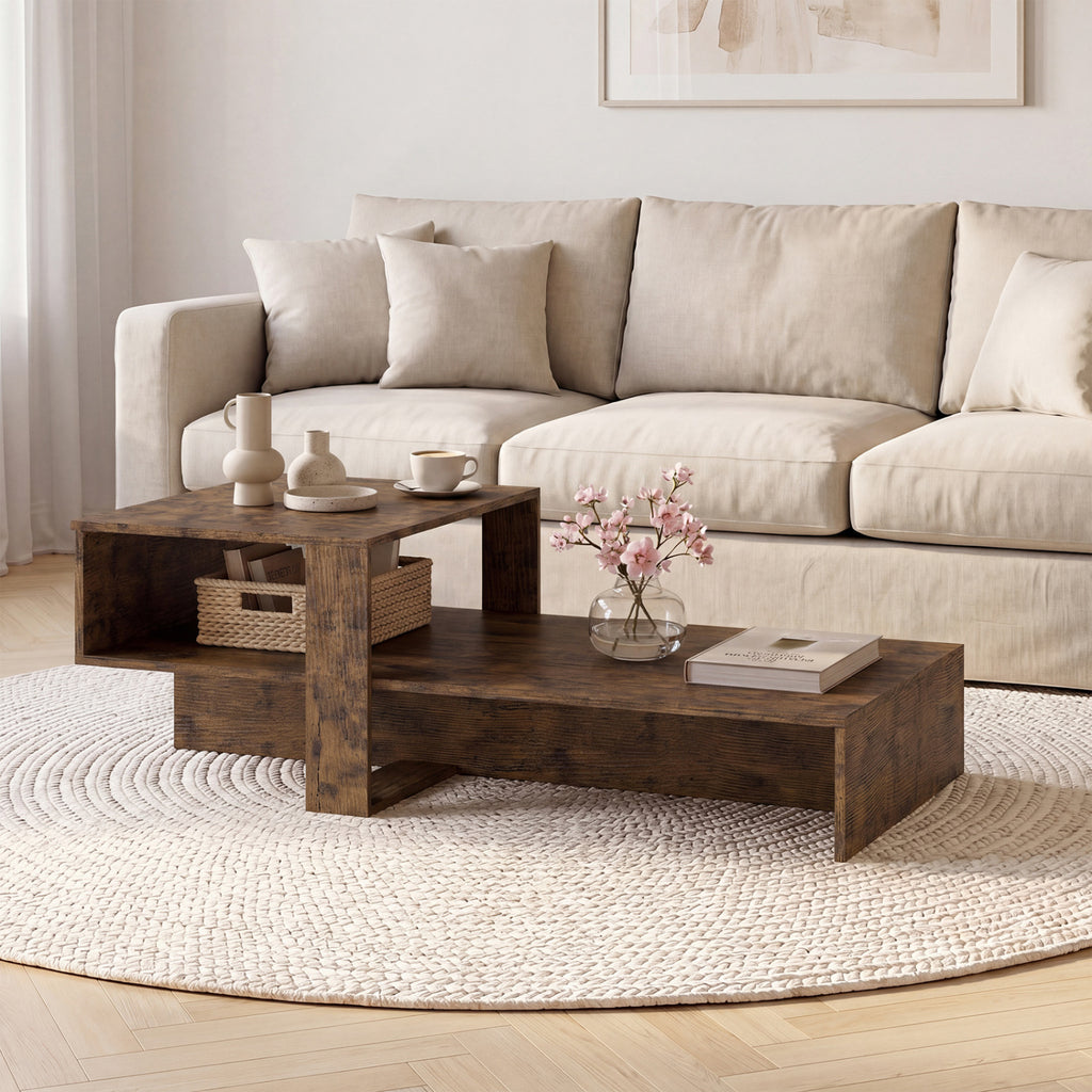 2-Tier Coffee Table Modern Irregular Center Table with Open Storage Shelf-Brown
