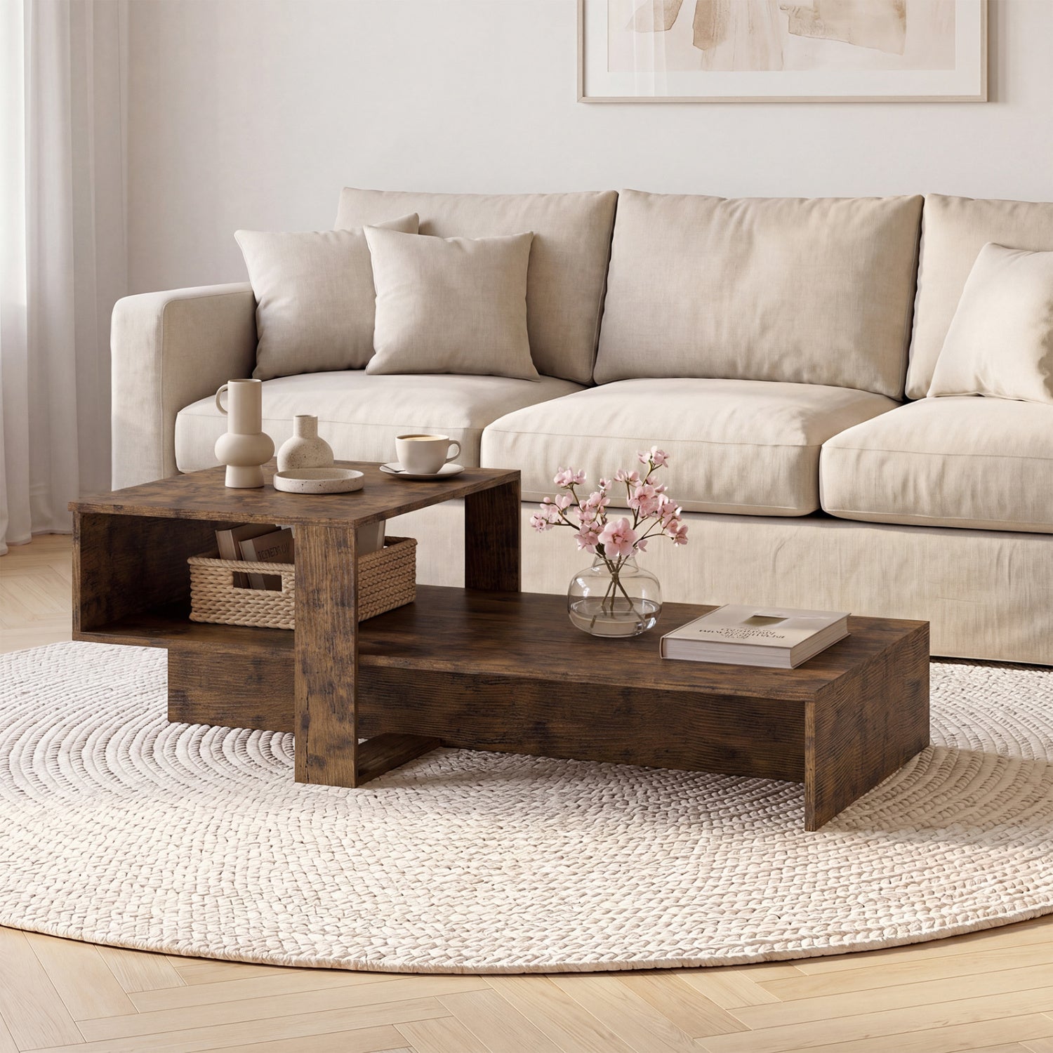 2-Tier Coffee Table Modern Irregular Center Table with Open Storage Shelf-Brown