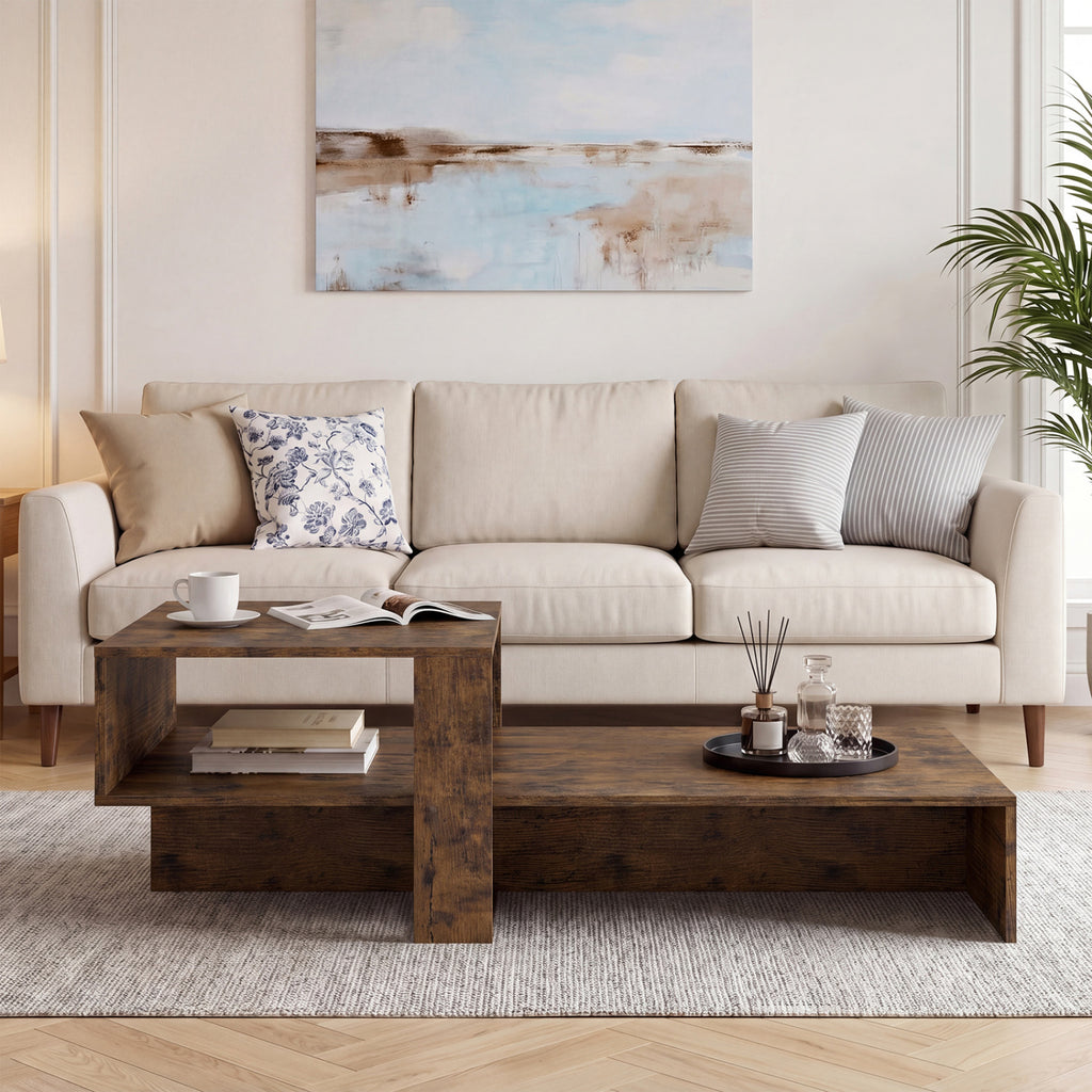2-Tier Coffee Table Modern Irregular Center Table with Open Storage Shelf-Brown