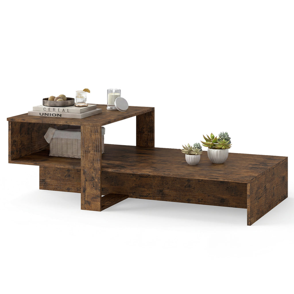 2-Tier Coffee Table Modern Irregular Center Table with Open Storage Shelf-Brown