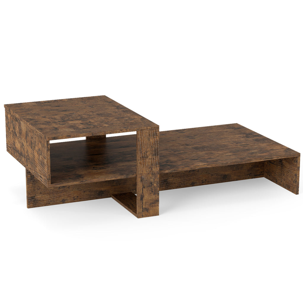 2-Tier Coffee Table Modern Irregular Center Table with Open Storage Shelf-Brown