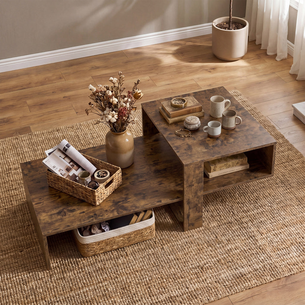 2-Tier Coffee Table Modern Irregular Center Table with Open Storage Shelf-Brown