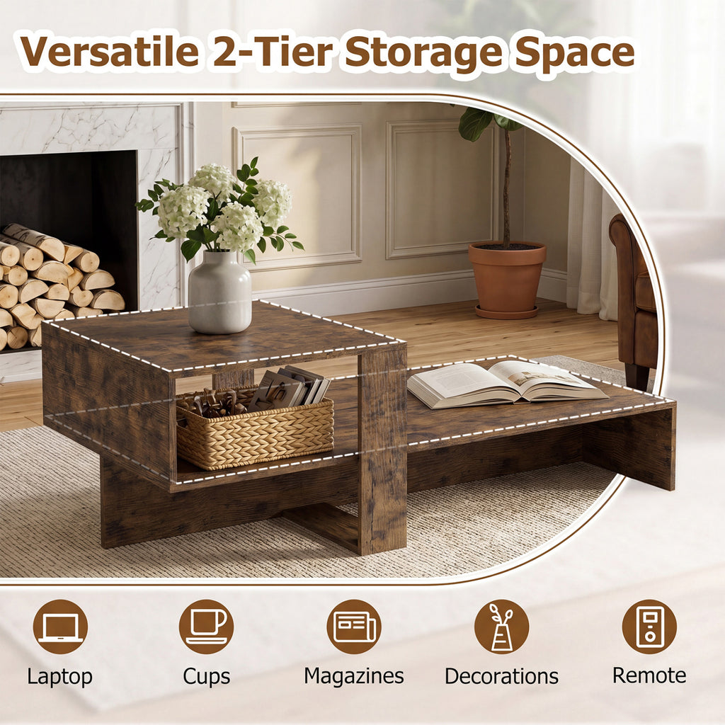 2-Tier Coffee Table Modern Irregular Center Table with Open Storage Shelf-Brown