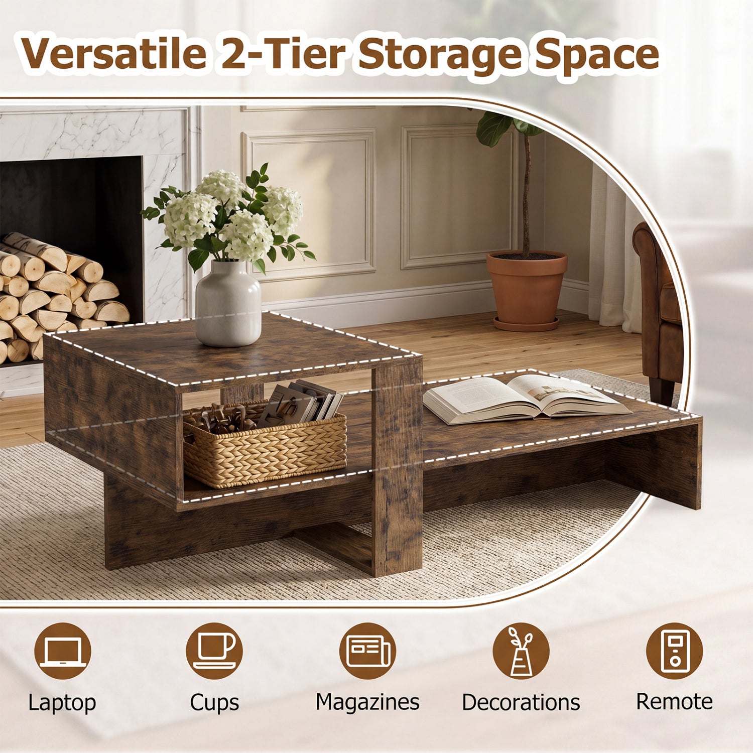 2-Tier Coffee Table Modern Irregular Center Table with Open Storage Shelf-Brown