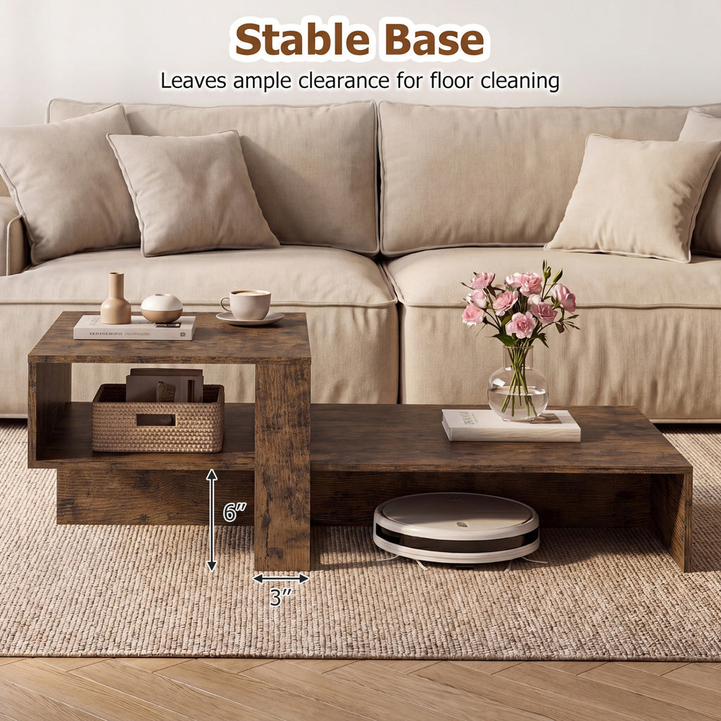 2-Tier Coffee Table Modern Irregular Center Table with Open Storage Shelf-Brown
