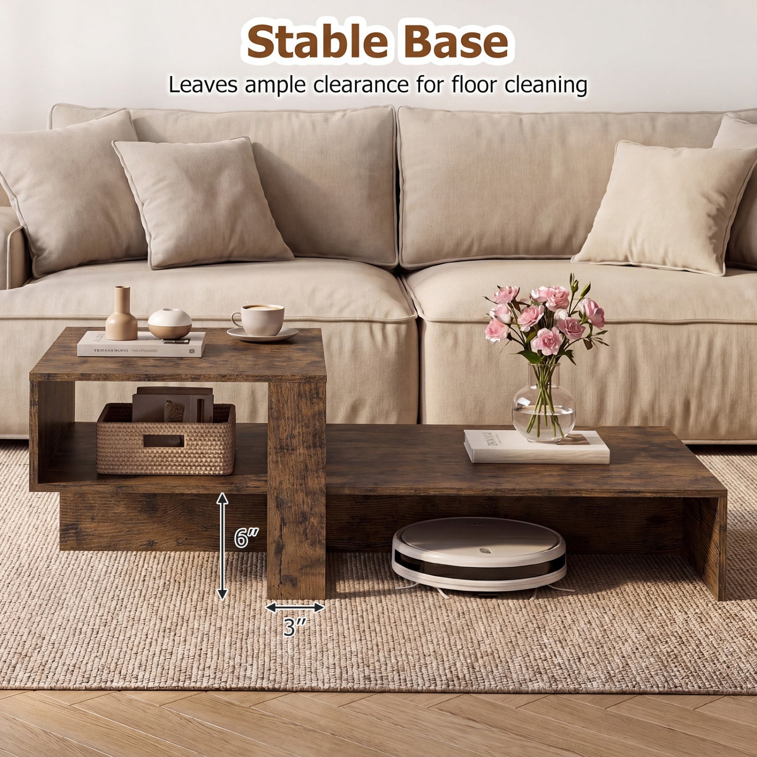 2-Tier Coffee Table Modern Irregular Center Table with Open Storage Shelf-Brown