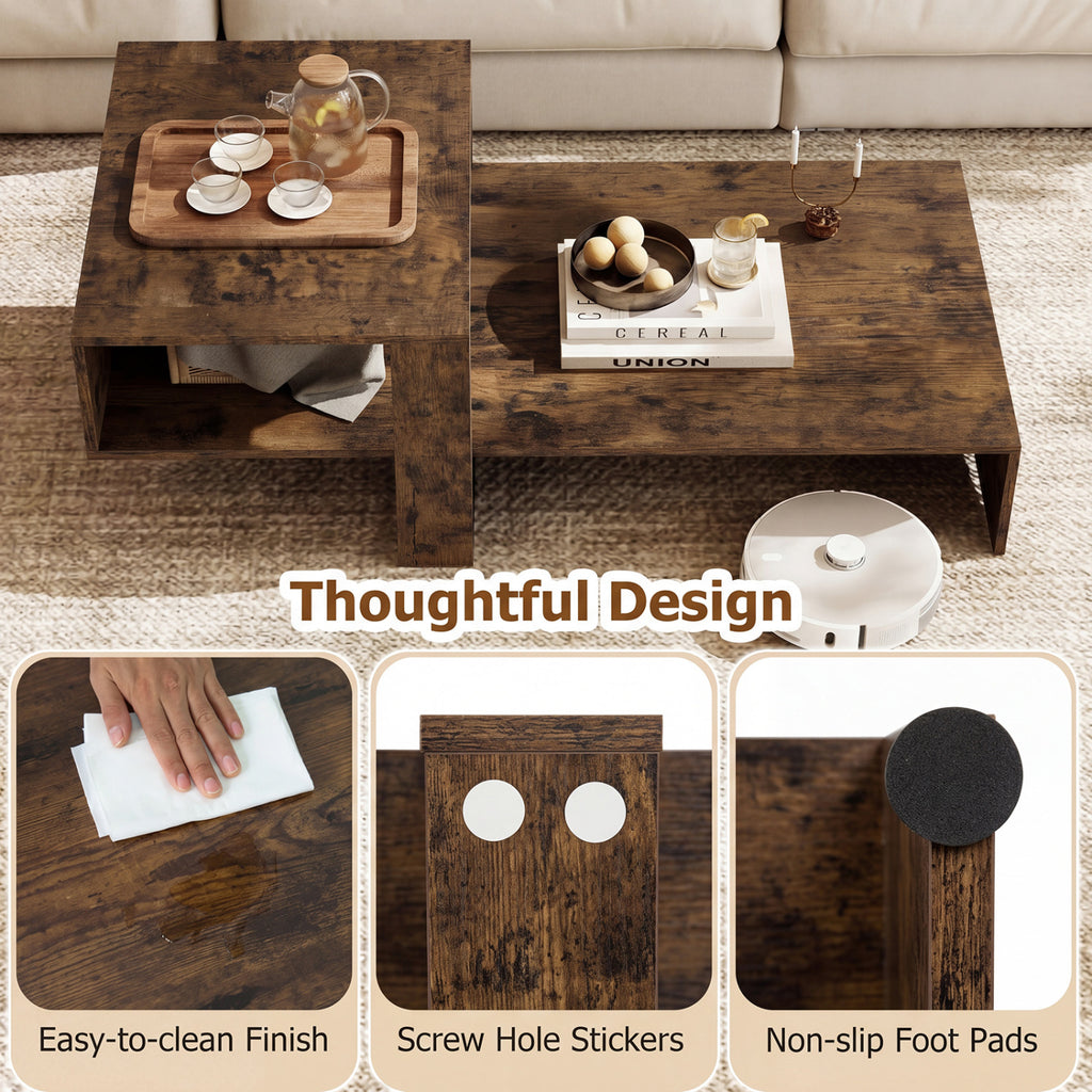 2-Tier Coffee Table Modern Irregular Center Table with Open Storage Shelf-Brown