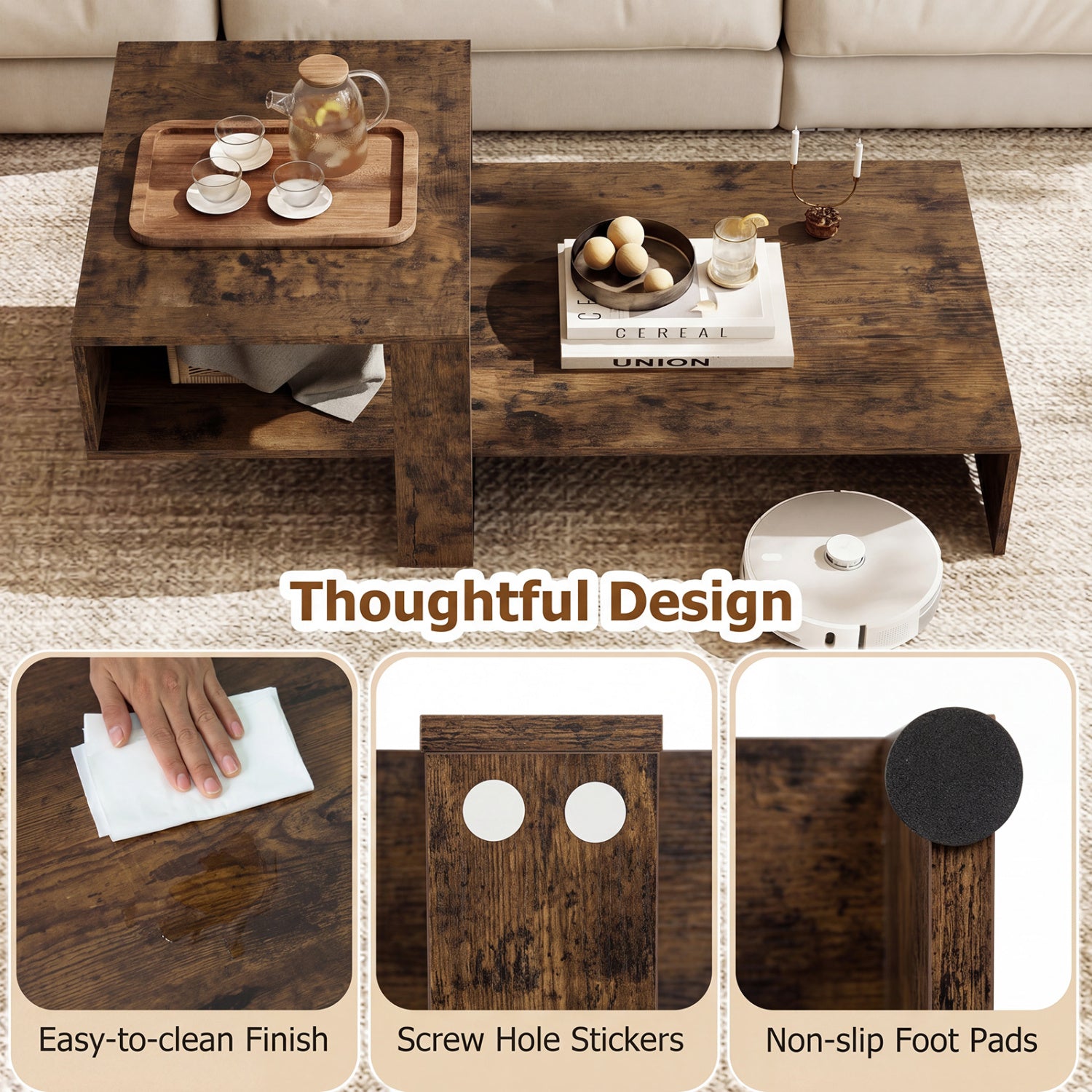 2-Tier Coffee Table Modern Irregular Center Table with Open Storage Shelf-Brown