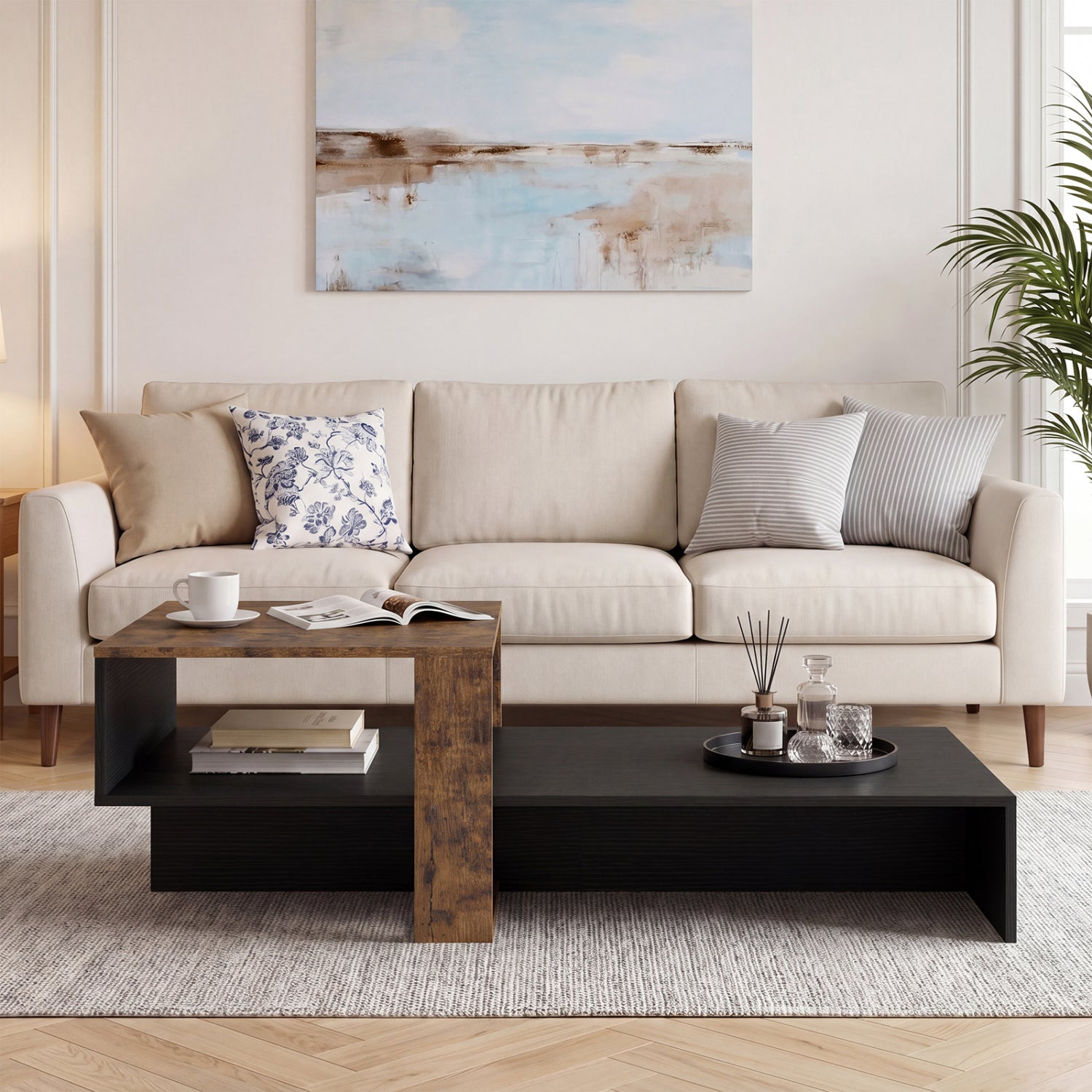 2-Tier Coffee Table Modern Irregular Center Table with Open Storage Shelf-Black & Brown
