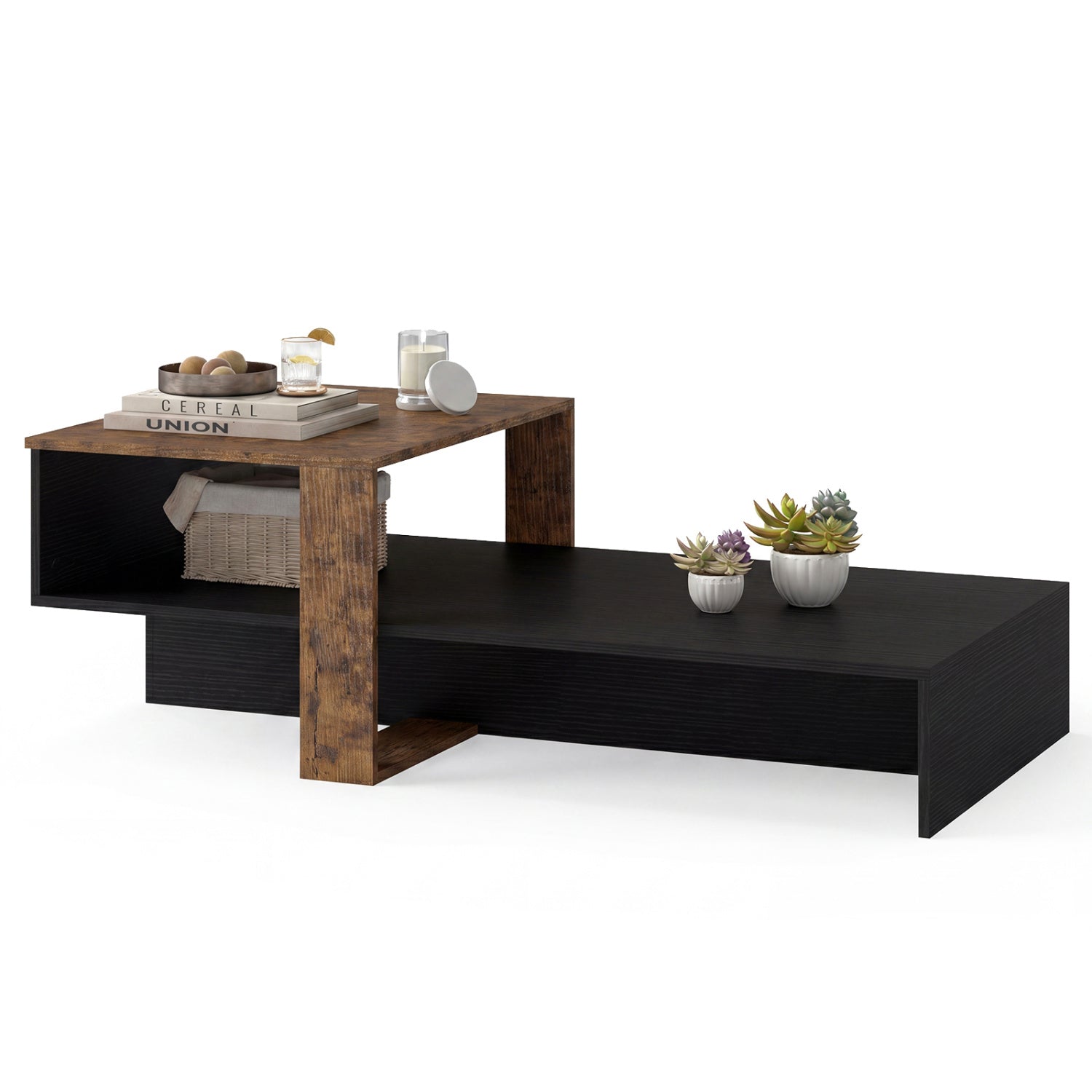 2-Tier Coffee Table Modern Irregular Center Table with Open Storage Shelf-Black & Brown
