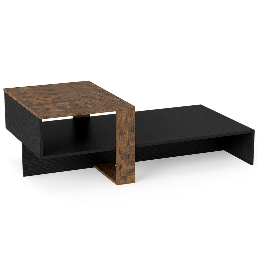2-Tier Coffee Table Modern Irregular Center Table with Open Storage Shelf-Black & Brown