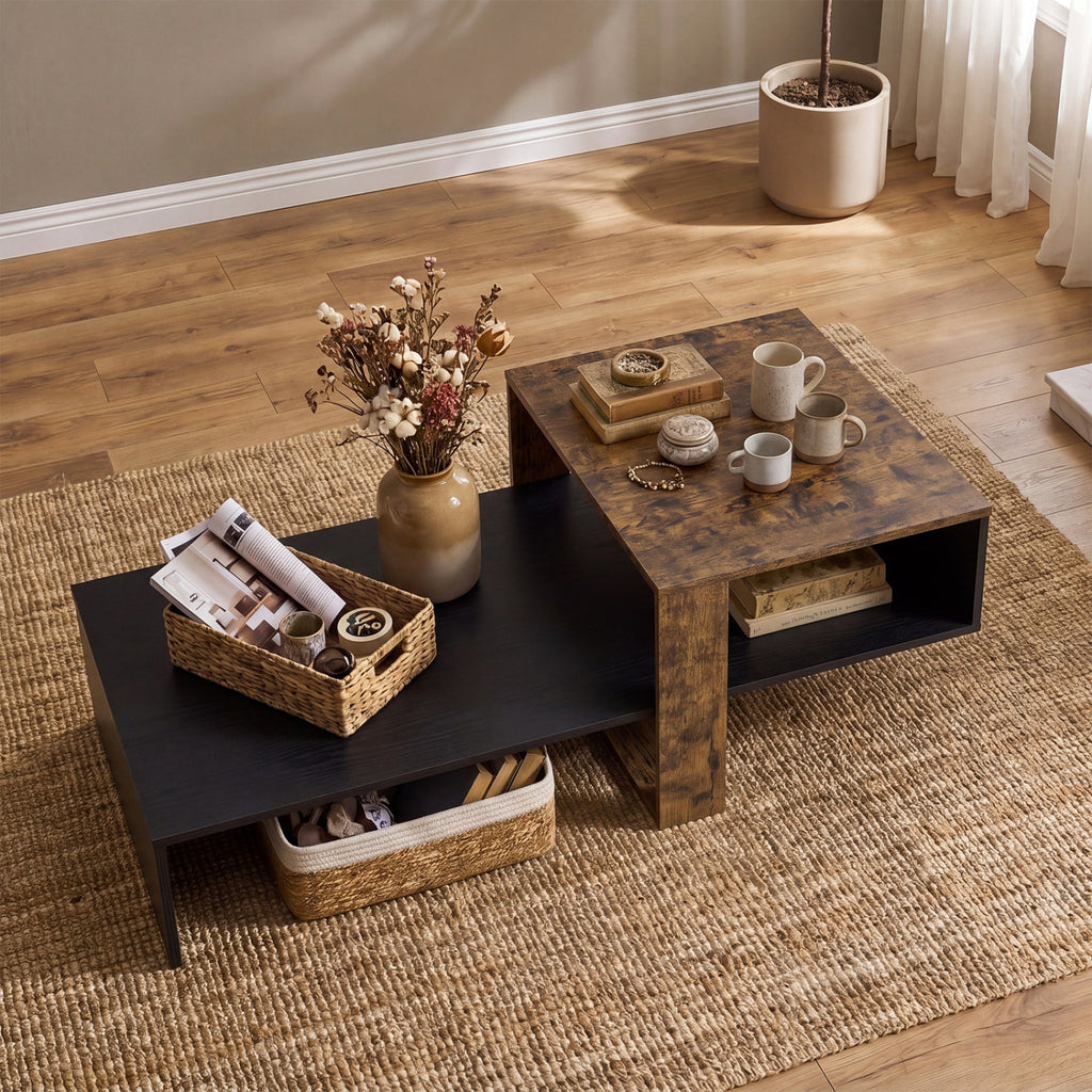 2-Tier Coffee Table Modern Irregular Center Table with Open Storage Shelf-Black & Brown