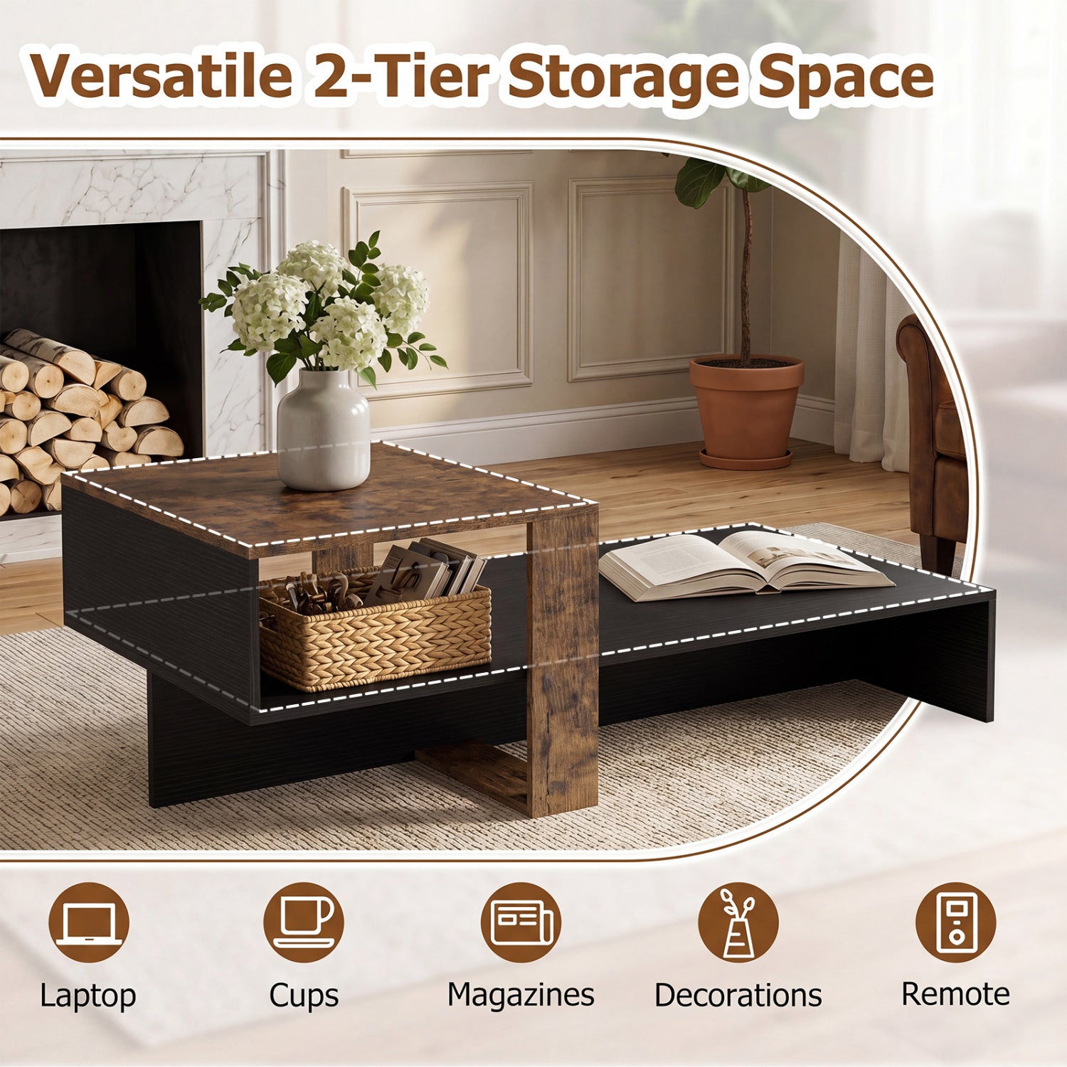 2-Tier Coffee Table Modern Irregular Center Table with Open Storage Shelf-Black & Brown