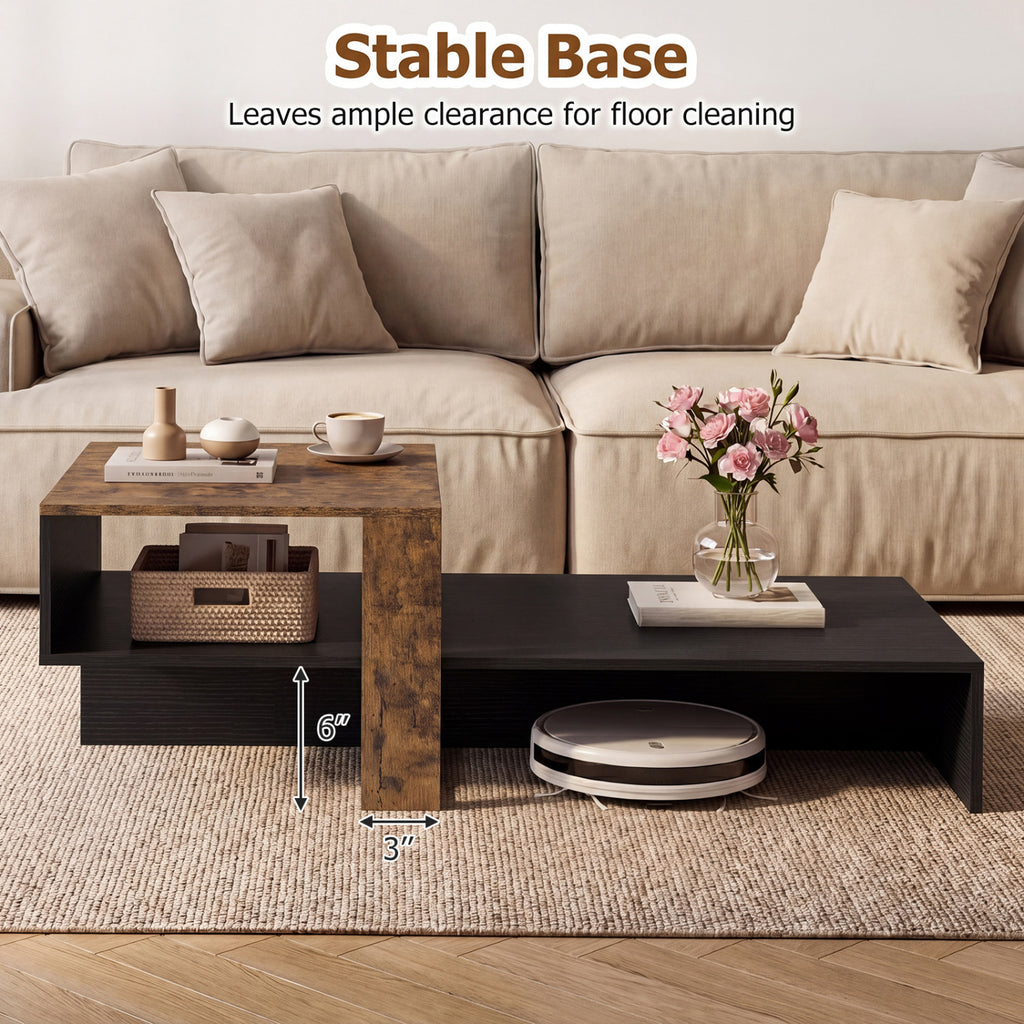 2-Tier Coffee Table Modern Irregular Center Table with Open Storage Shelf-Black & Brown