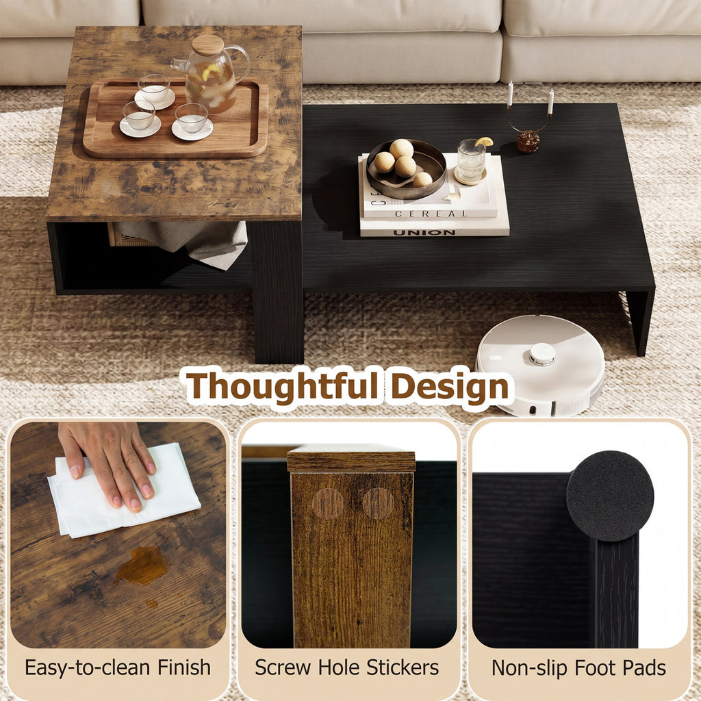 2-Tier Coffee Table Modern Irregular Center Table with Open Storage Shelf-Black & Brown