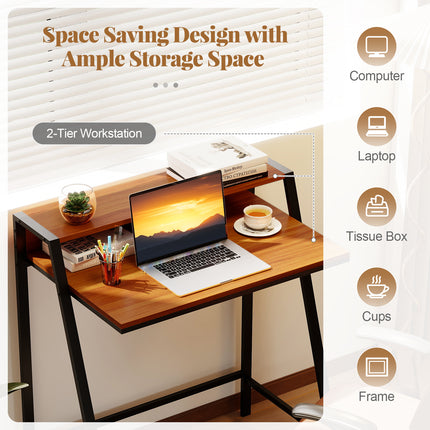2 Tier Computer Desk PC Laptop Table Study Writing Home Office Workstation New-Walnut