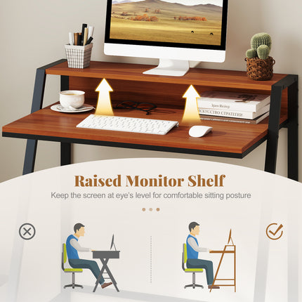 2 Tier Computer Desk PC Laptop Table Study Writing Home Office Workstation New-Walnut
