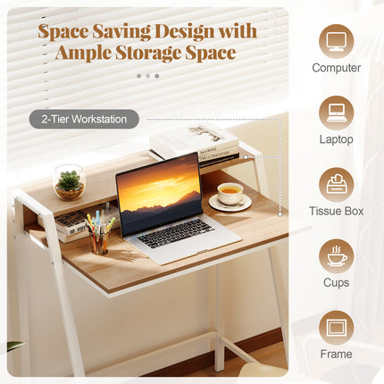 2 Tier Computer Desk PC Laptop Table Study Writing Home Office Workstation New-Natural