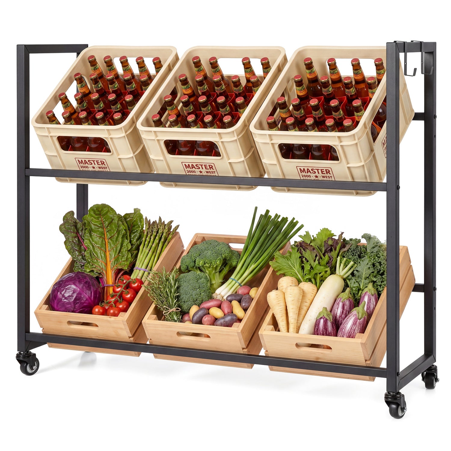 2-Tier Drink Crate Rack with 4 Universal Wheels for Beer and Water Kitchen and Bar-Black