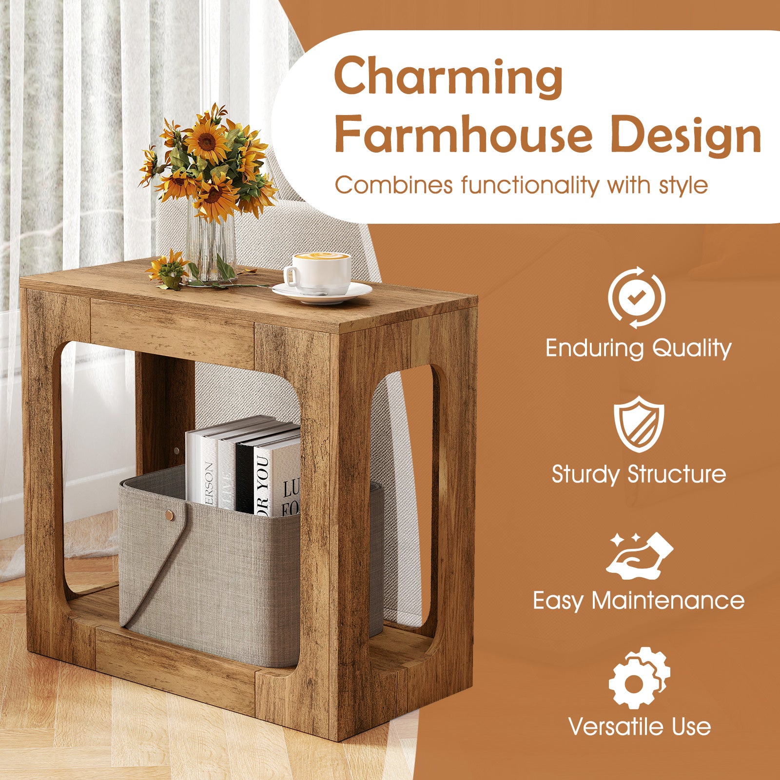2-Tier End Table with Storage Shelf for Living Room-Oak