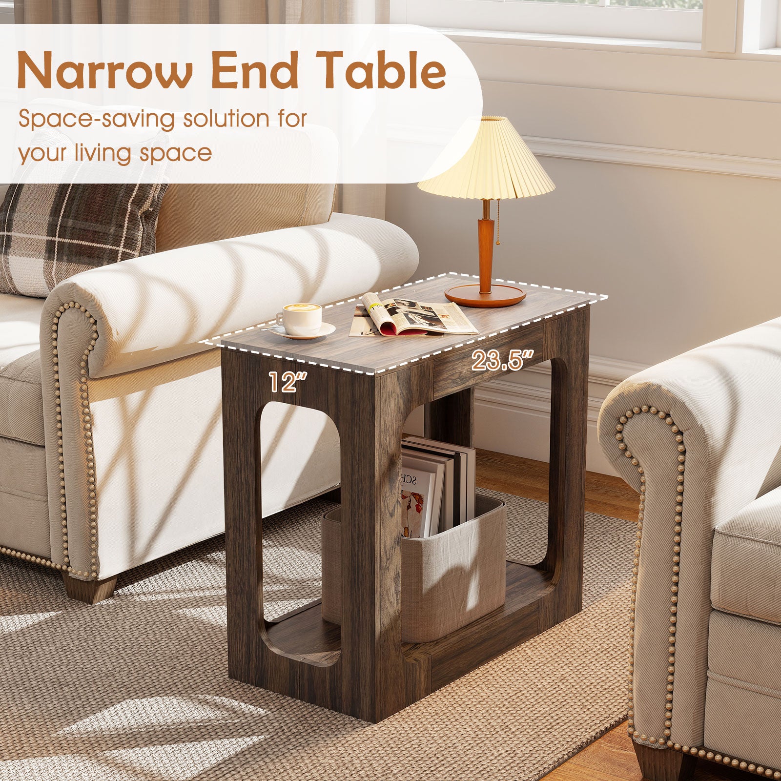 2-Tier End Table with Storage Shelf for Living Room-Walnut