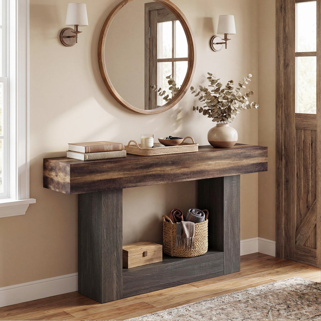 2-Tier Farmhouse Console Table 63" Long with Storage Shelf-Rustic Brown