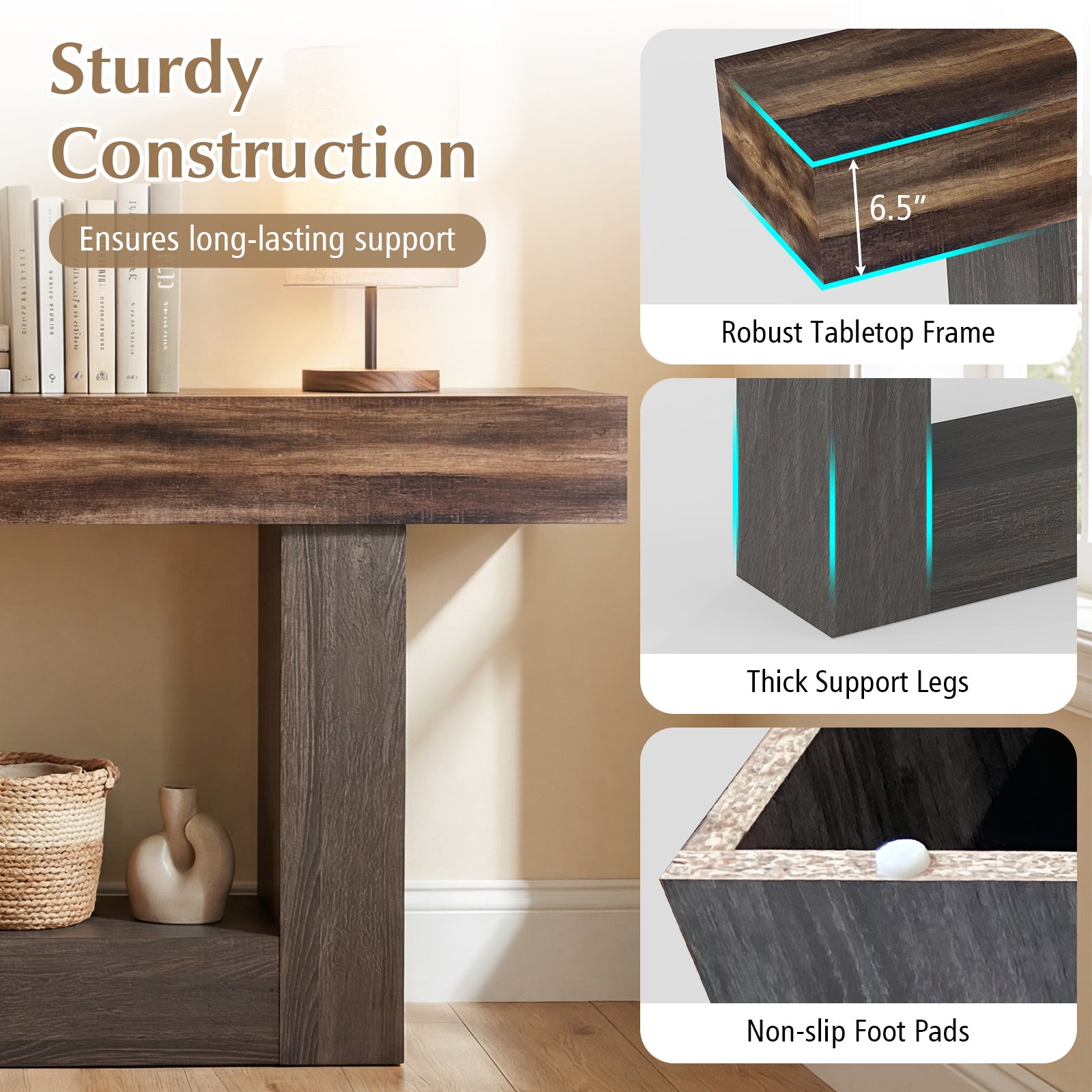 2-Tier Farmhouse Console Table 63" Long with Storage Shelf-Rustic Brown