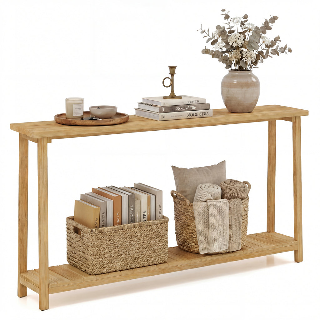 Table de canapé de ferme à 2 niveaux avec cadre en bois de teck et étagère de rangement
