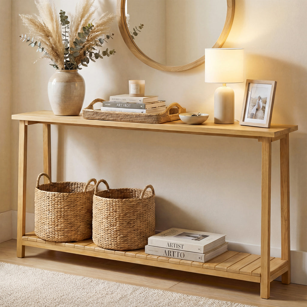 Table de canapé de ferme à 2 niveaux avec cadre en bois de teck et étagère de rangement