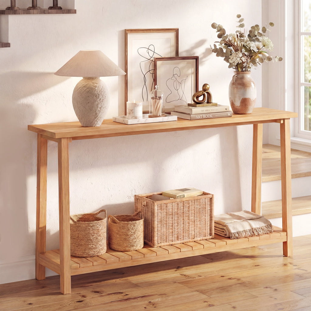Table de canapé de ferme à 2 niveaux avec cadre en bois de teck et étagère de rangement