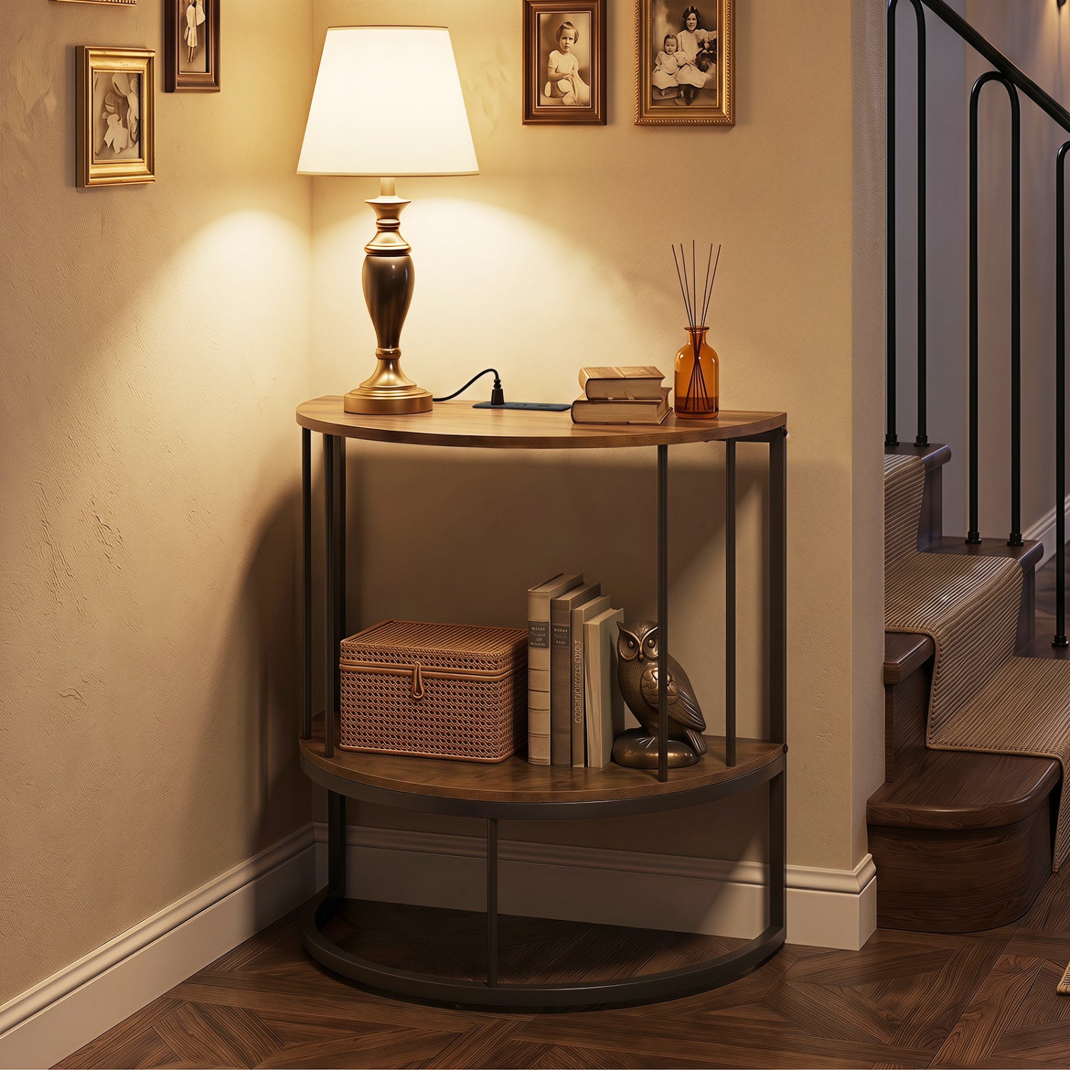 2-Tier Half Moon Console Table with Power Outlets and Storage Shel for Hallway-Rustic Brown