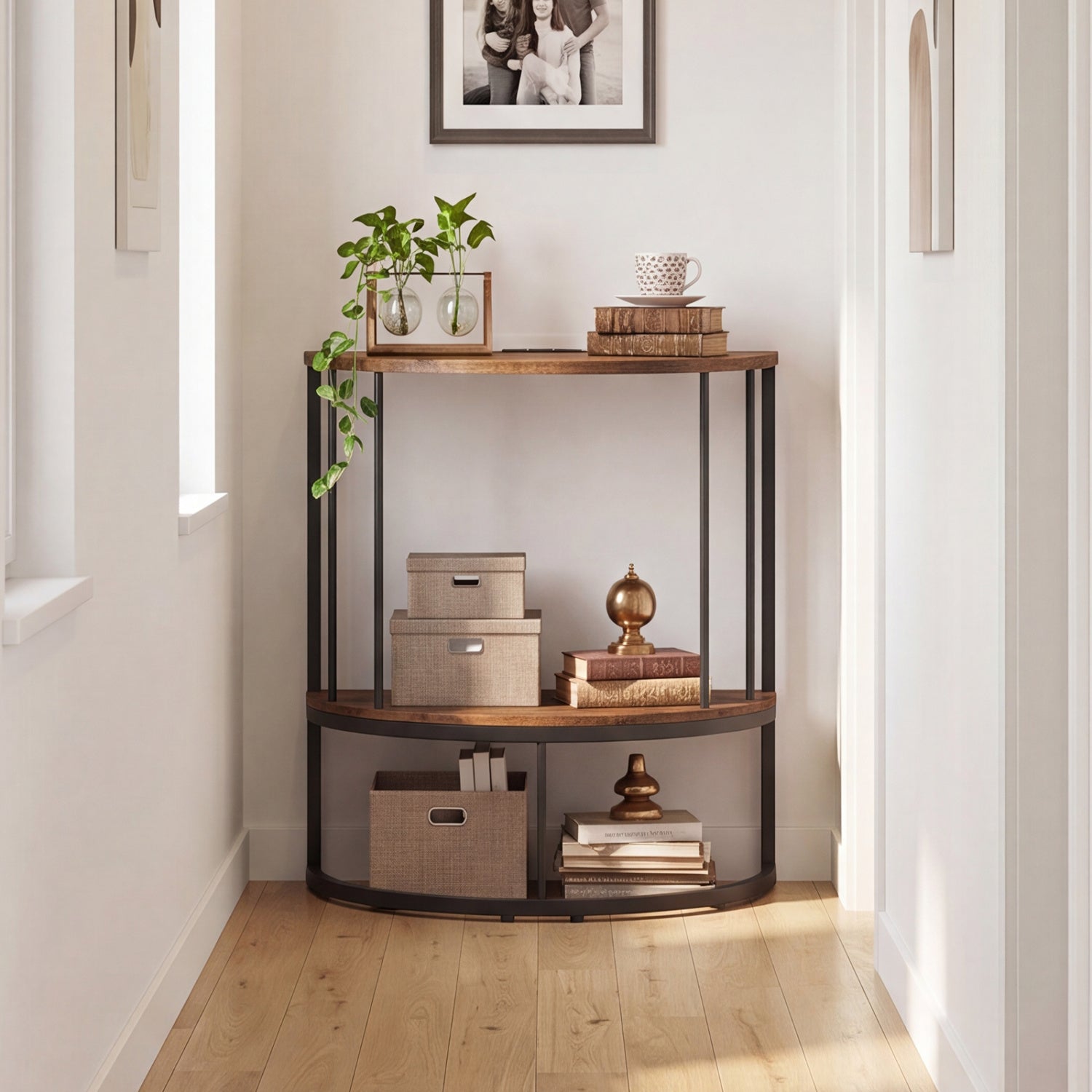 2-Tier Half Moon Console Table with Power Outlets and Storage Shel for Hallway-Rustic Brown