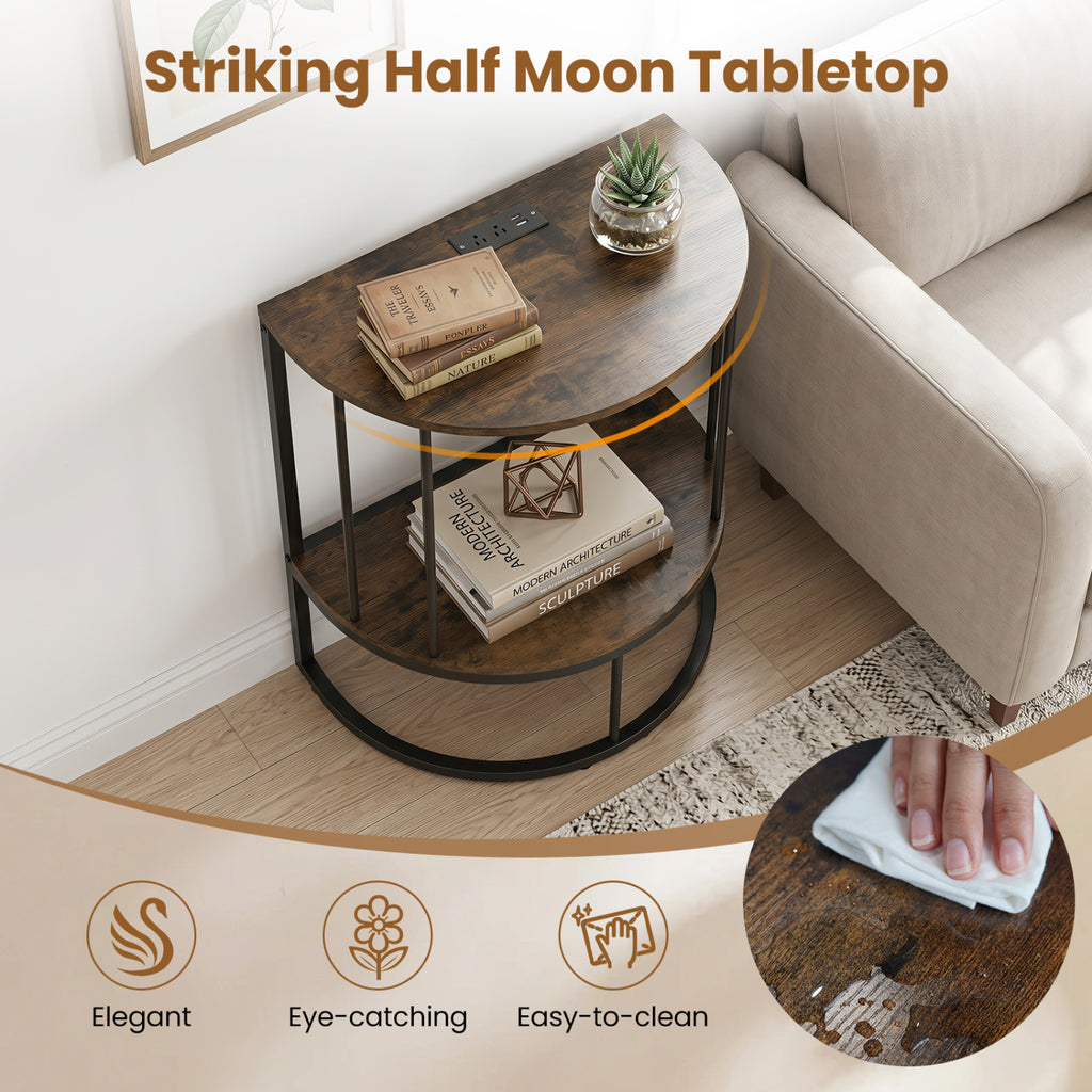 2-Tier Half Moon Console Table with Power Outlets and Storage Shel for Hallway-Rustic Brown