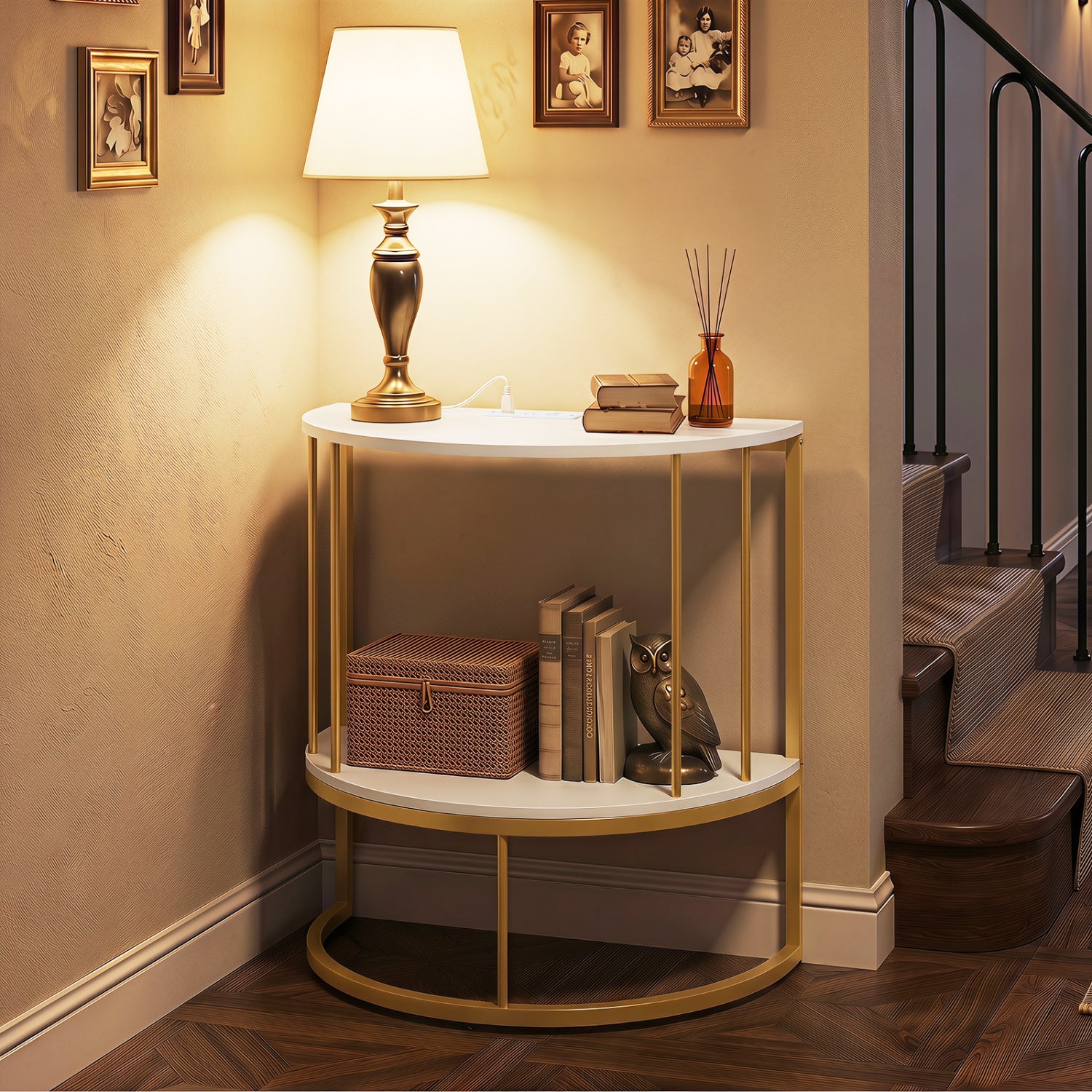 2-Tier Half Moon Console Table with Power Outlets and Storage Shel for Hallway-White