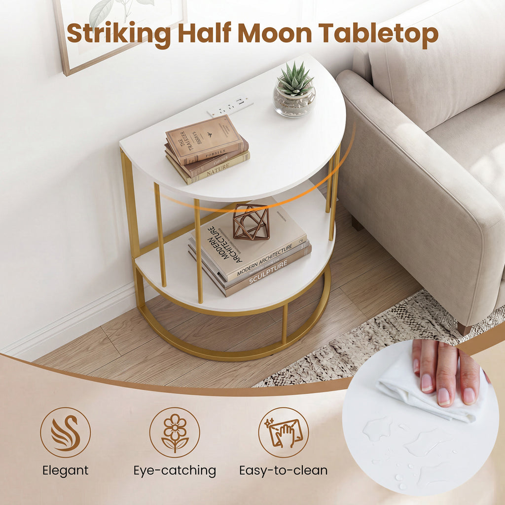 2-Tier Half Moon Console Table with Power Outlets and Storage Shel for Hallway-White