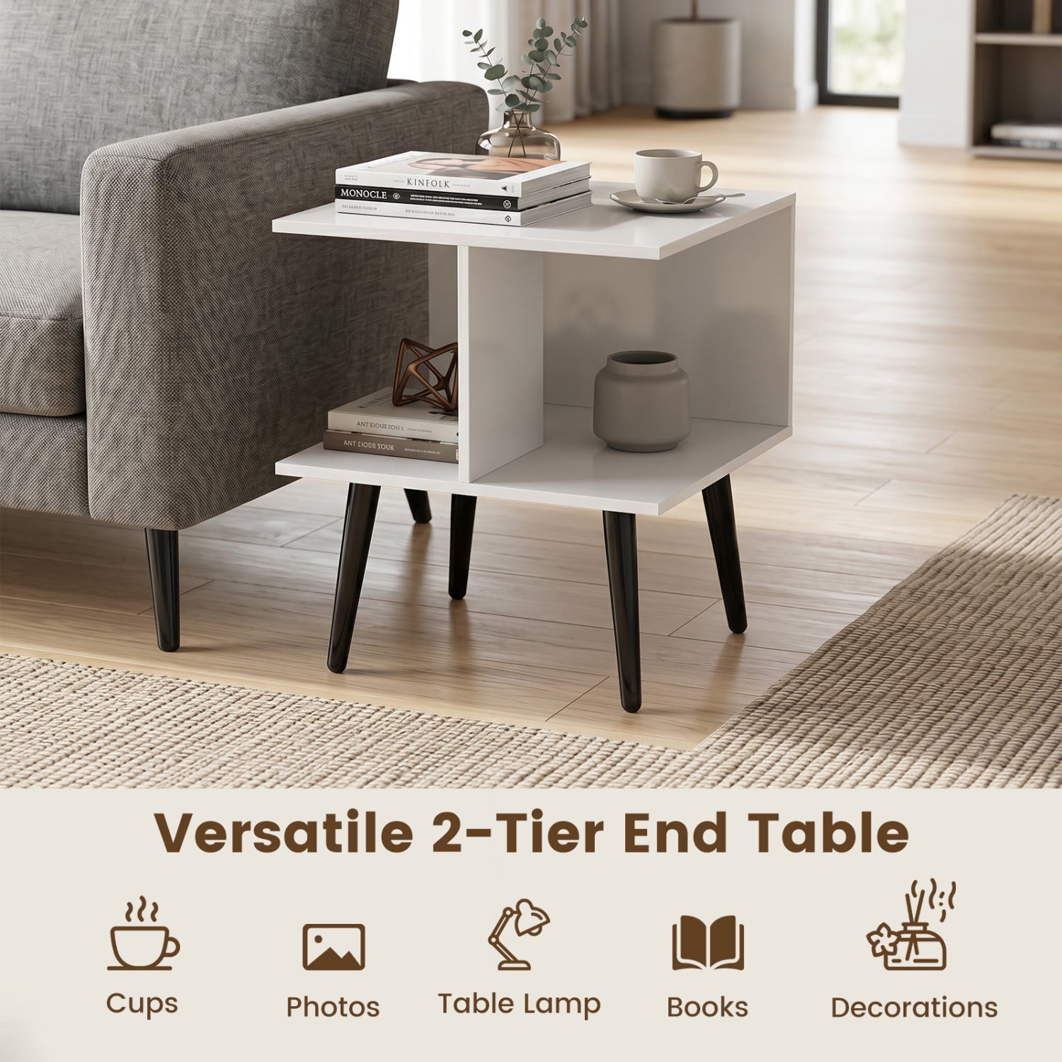 2-Tier Mid Century Modern End Table with 2 Compartments and Metal Legs-White