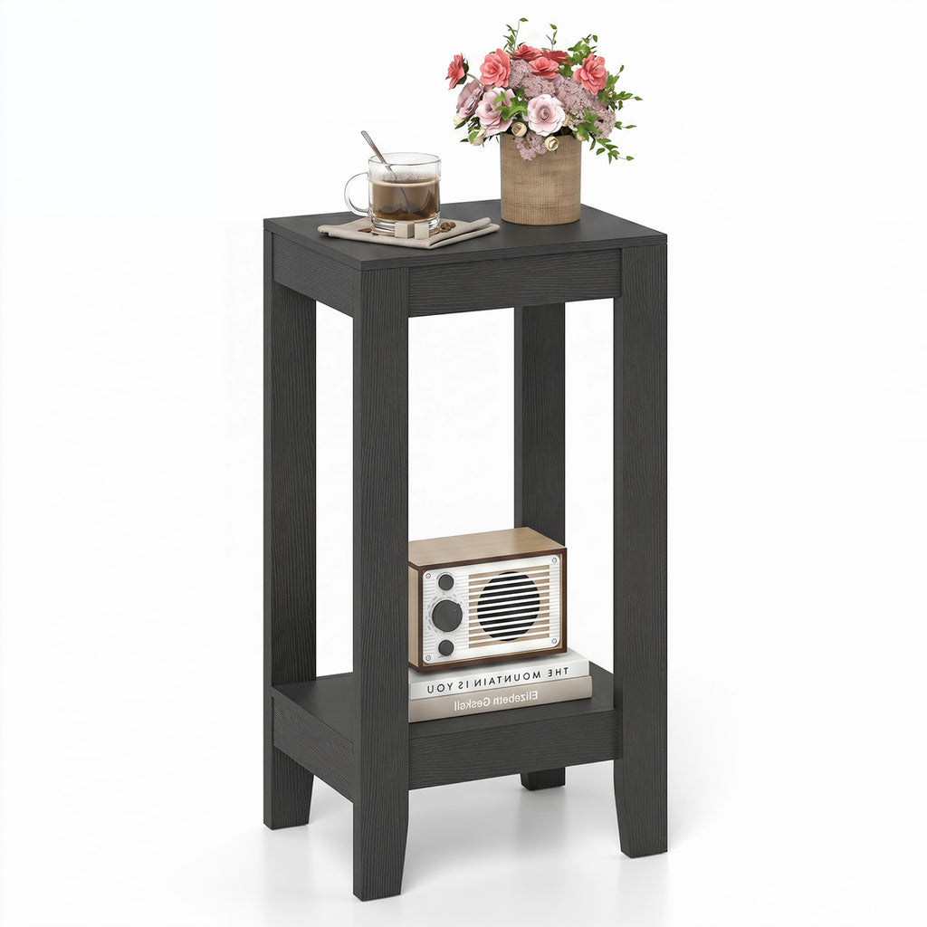 2-Tier Nightstand End Side Wooden Legs Table for Bedroom-Black