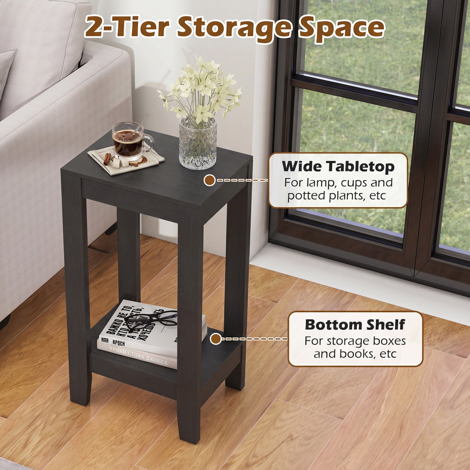 2-Tier Nightstand End Side Wooden Legs Table for Bedroom-Black