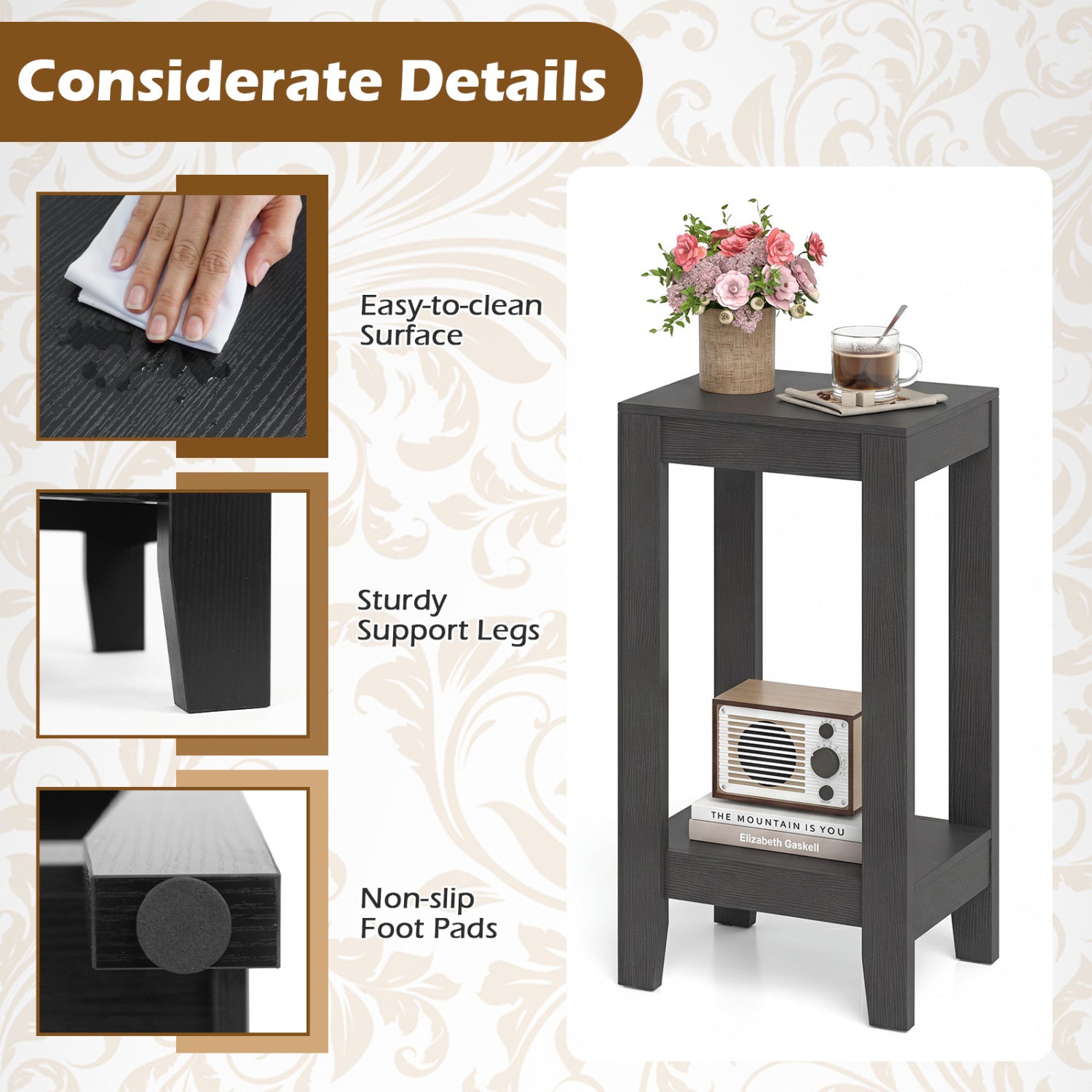 2-Tier Nightstand End Side Wooden Legs Table for Bedroom-Black