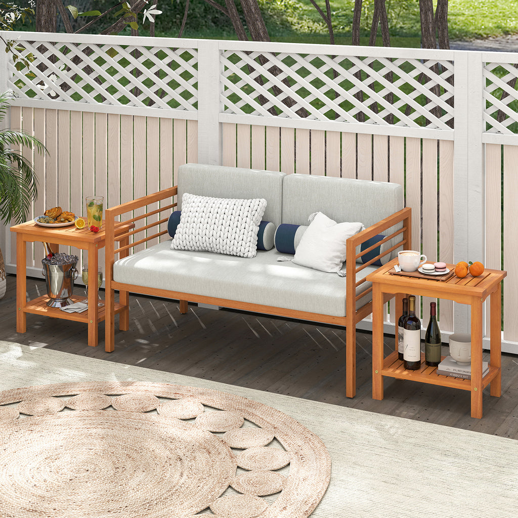 2-Tier Outdoor Acacia Wood Side Table with Slatted Tabletop and Storage Shelf
