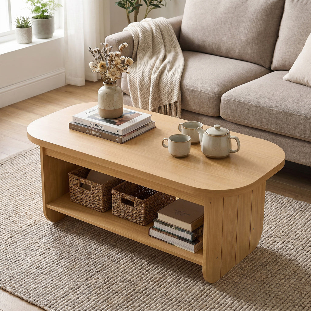 2-Tier Oval Coffee Table for Living Room Mid Century Center Table with Bottom Storage Shelf-Natural