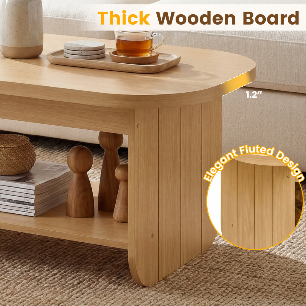 2-Tier Oval Coffee Table for Living Room Mid Century Center Table with Bottom Storage Shelf-Natural